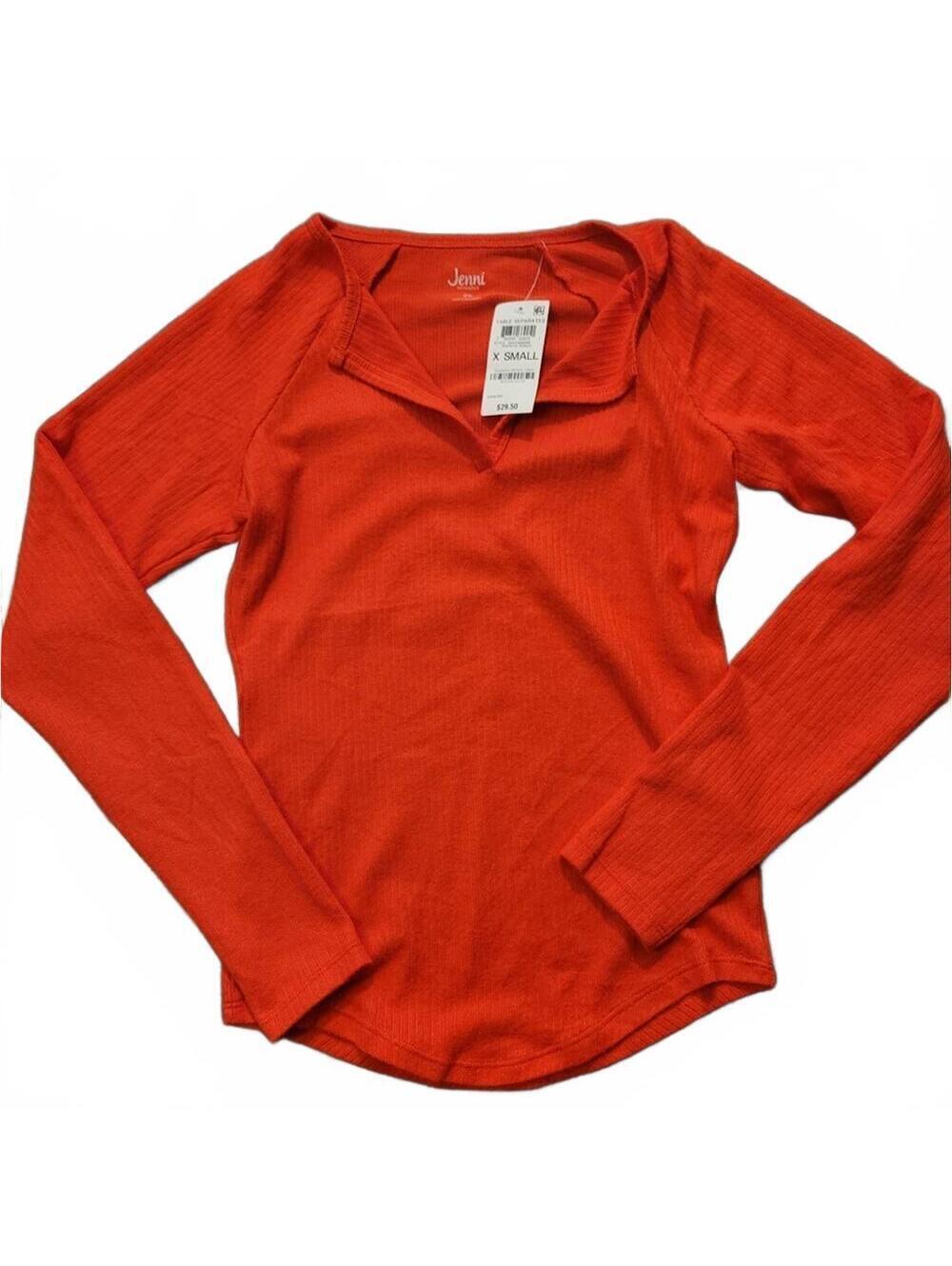 NWT Jenni Split V Neck Ribbed Orange Long Sleeve